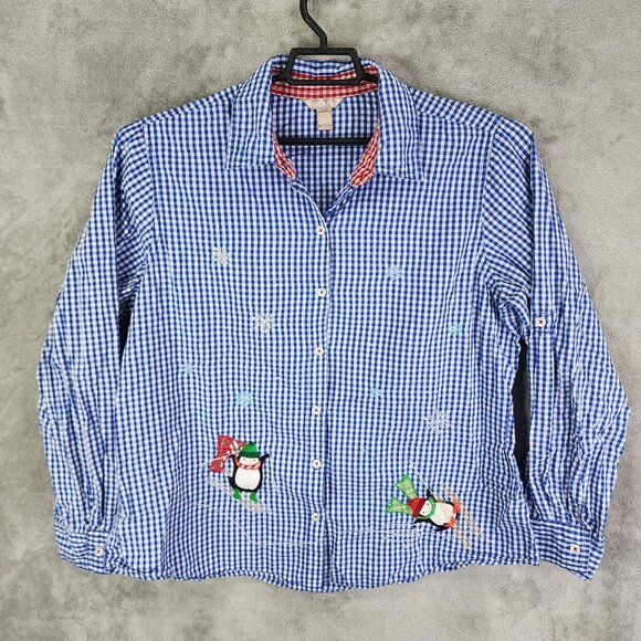 Womens White Stag Blue Gingham Shirt Button Up Penguin Embroidery Size XXL - Picture 2 of 8
